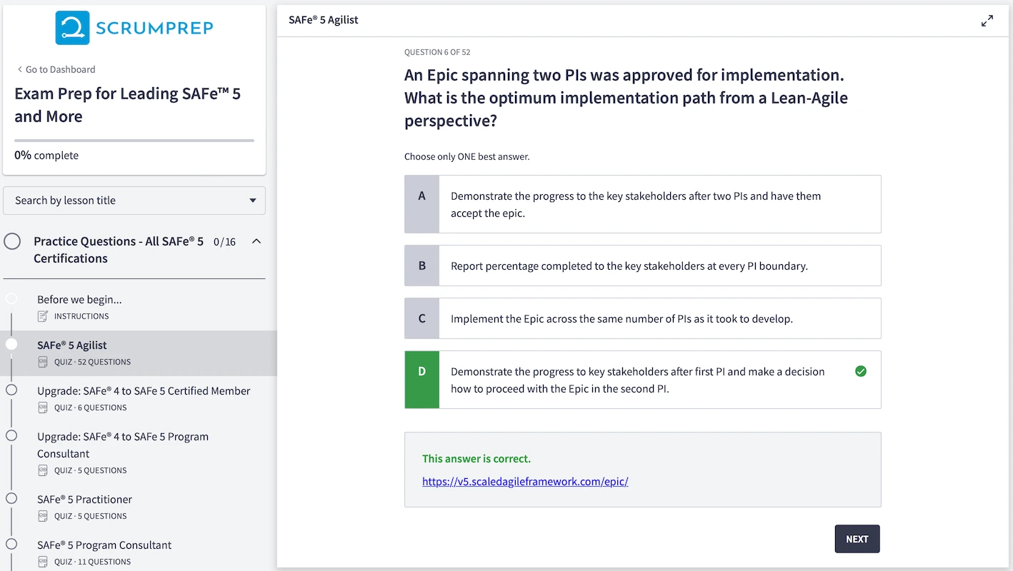 Leading SAFe™ 6 Exam Prep and more 5 SAFe (SA) Practice Test Screenshot 03