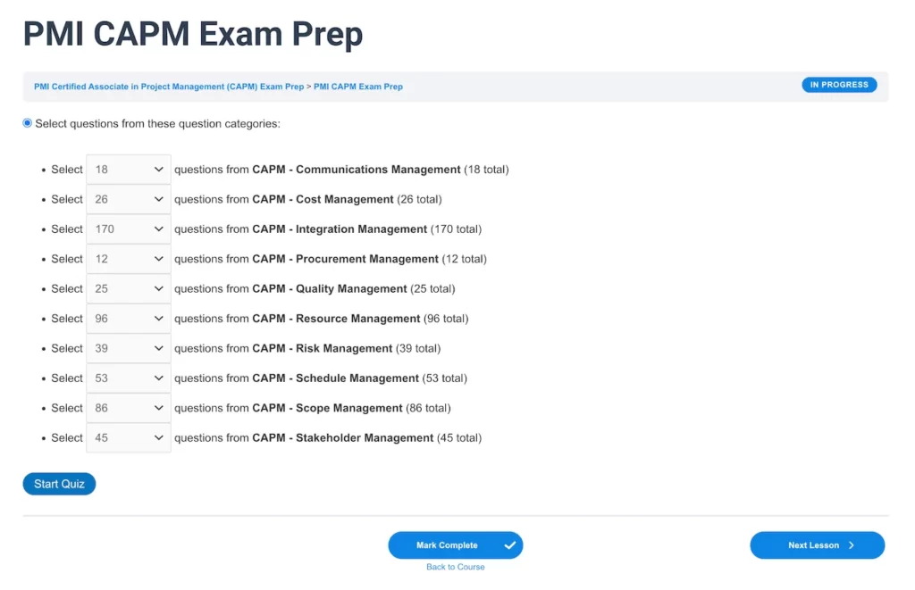 PMI CAPM Lesson Page 1 Dropdown Selection